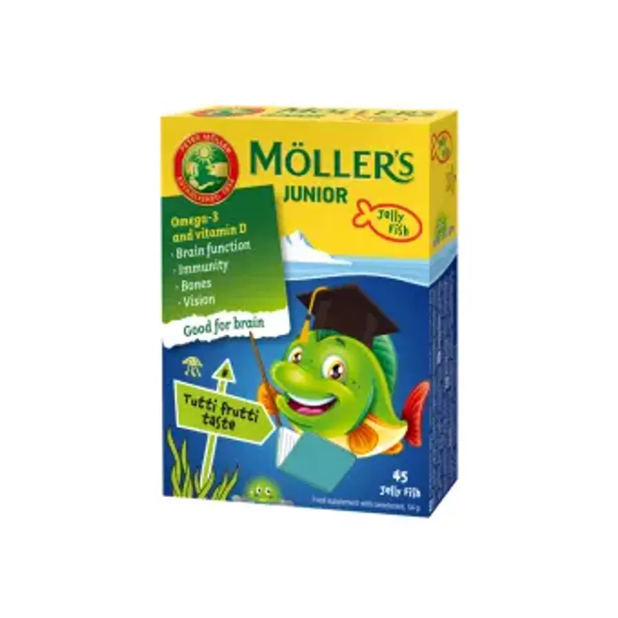 MÖLLER'S žuvų taukai JUNIOR, vaisių skonio, nuo 3 m., 45 kramtomosios tabletės