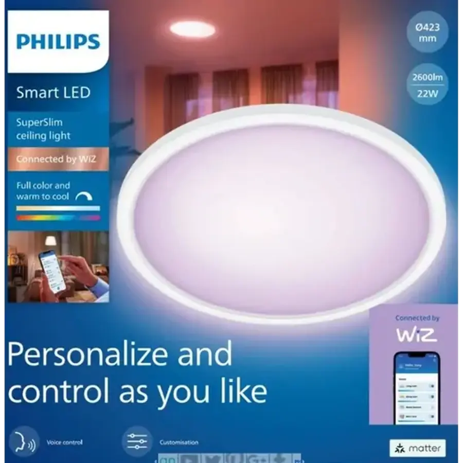 Išmanusis LED šviestuvas PHILIPS SUPERSLIM 22W 2200-6500K 2600lm RGB baltos sp Ø42,3x3,2cm