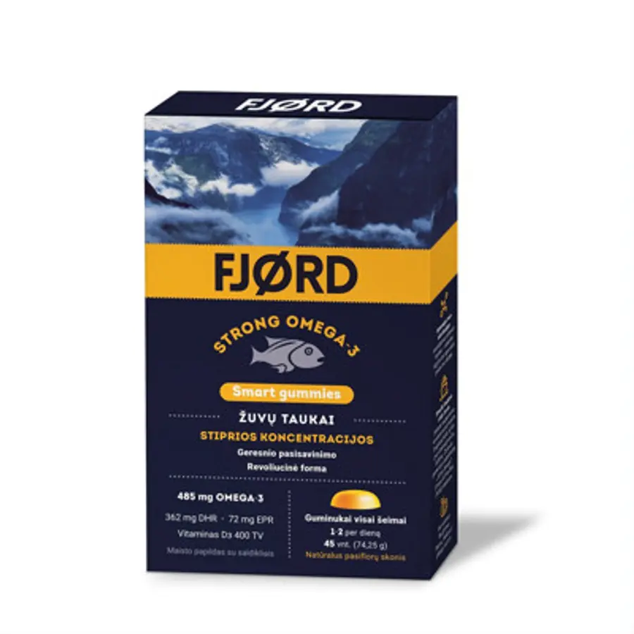 FJORD STRONG OMEGA-3 SMART GUMMIES, žuvų taukai, 45 guminukai