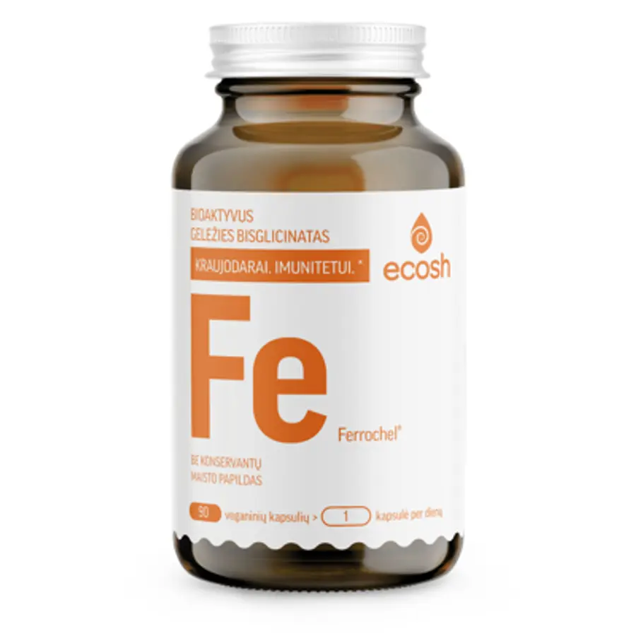 ECOSH bioaktyvi Geležis Ferrochel, bisglicinatas 27mg, su vitaminu C, 90 kapsulių